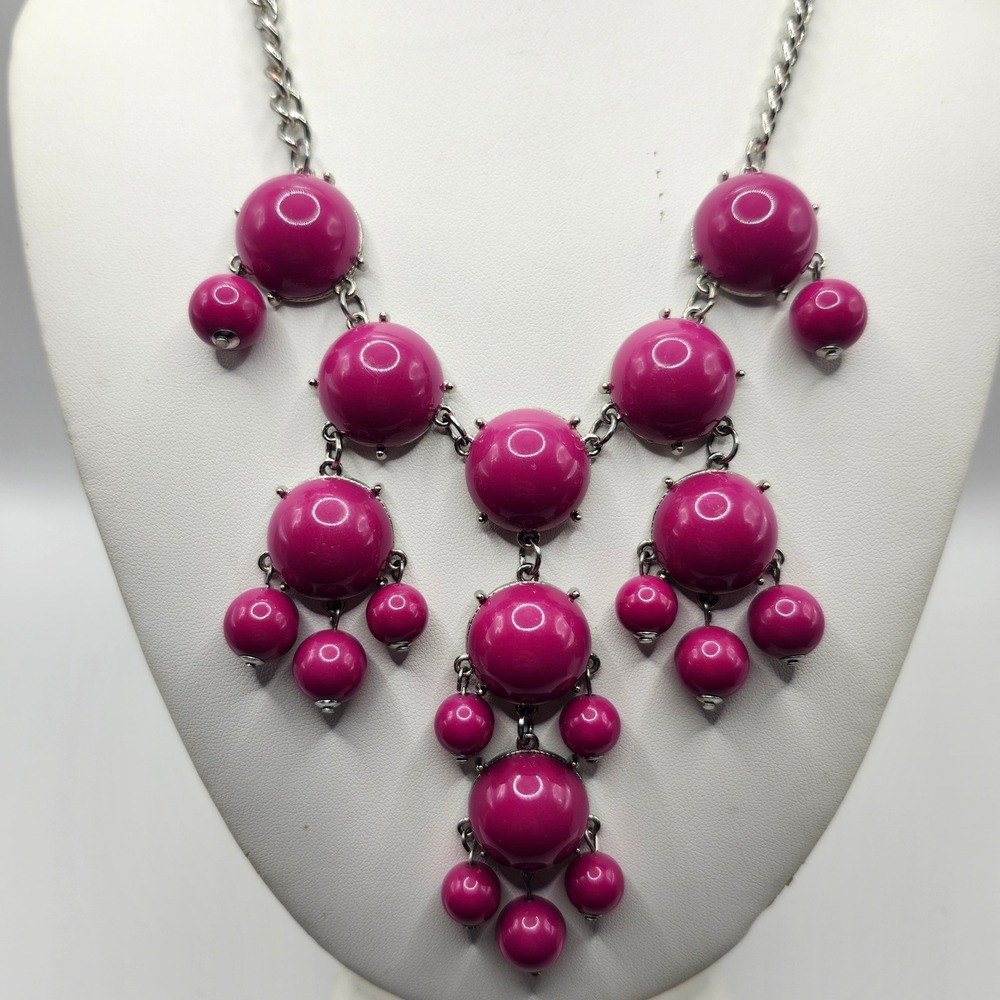 Statement Necklace Magenta Pink Bubble Bead Silver Tone Curb Chain Bib Jewelry
